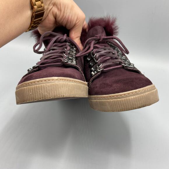 BCBGMAXAZRIA Deniz Hi Top Sneakers Size 7 Rabbit Fur Bordeaux‎ Burgundy Suede - Picture 3 of 13